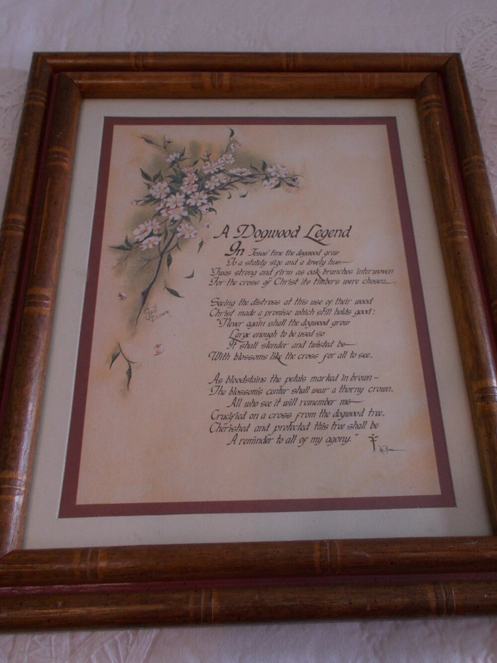 A Dogwood Legend Matted Framed Art Print 16" x 13" Home Interiors Bamboo Wood